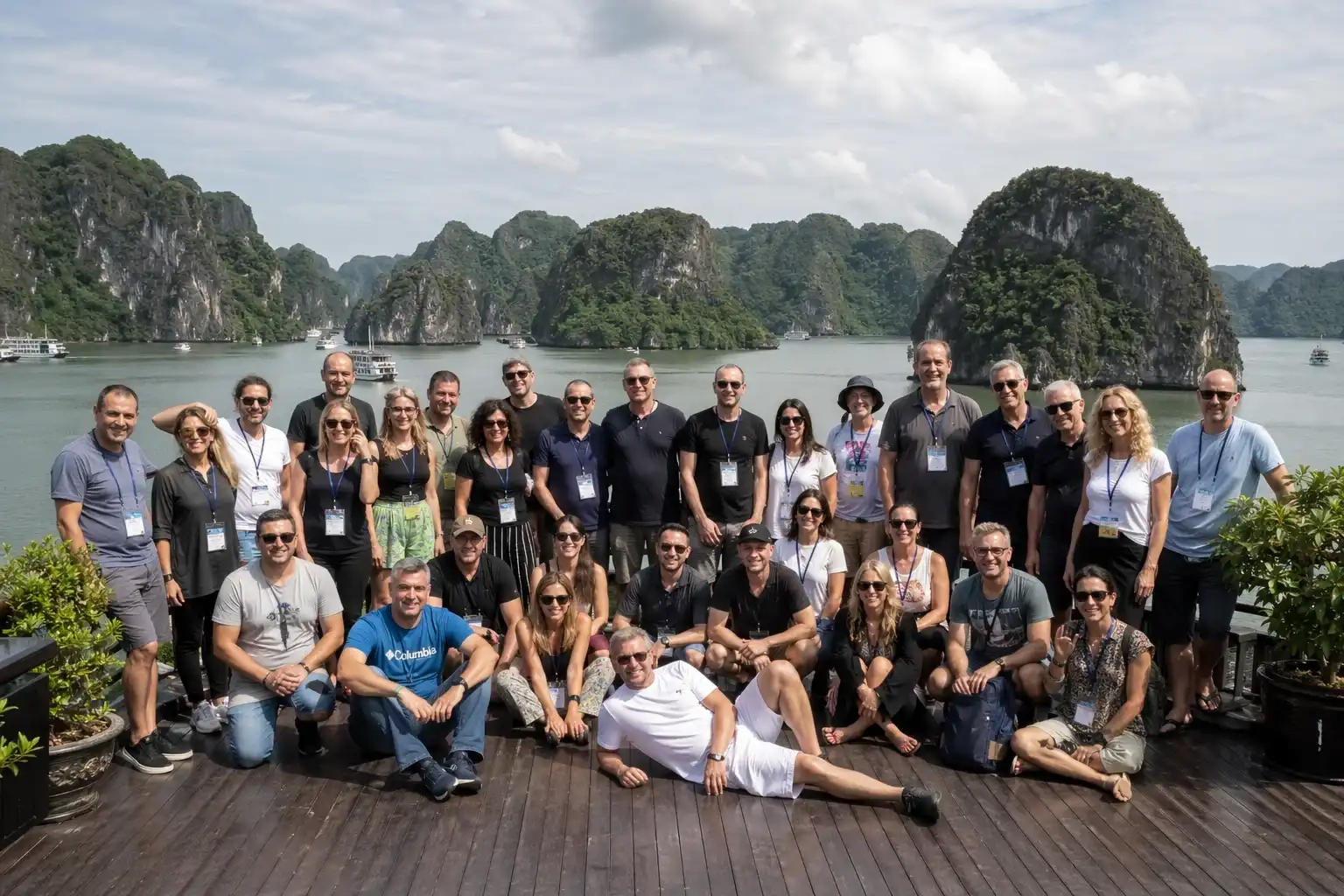 Travel group on a Ha Long Bay cruise deck
